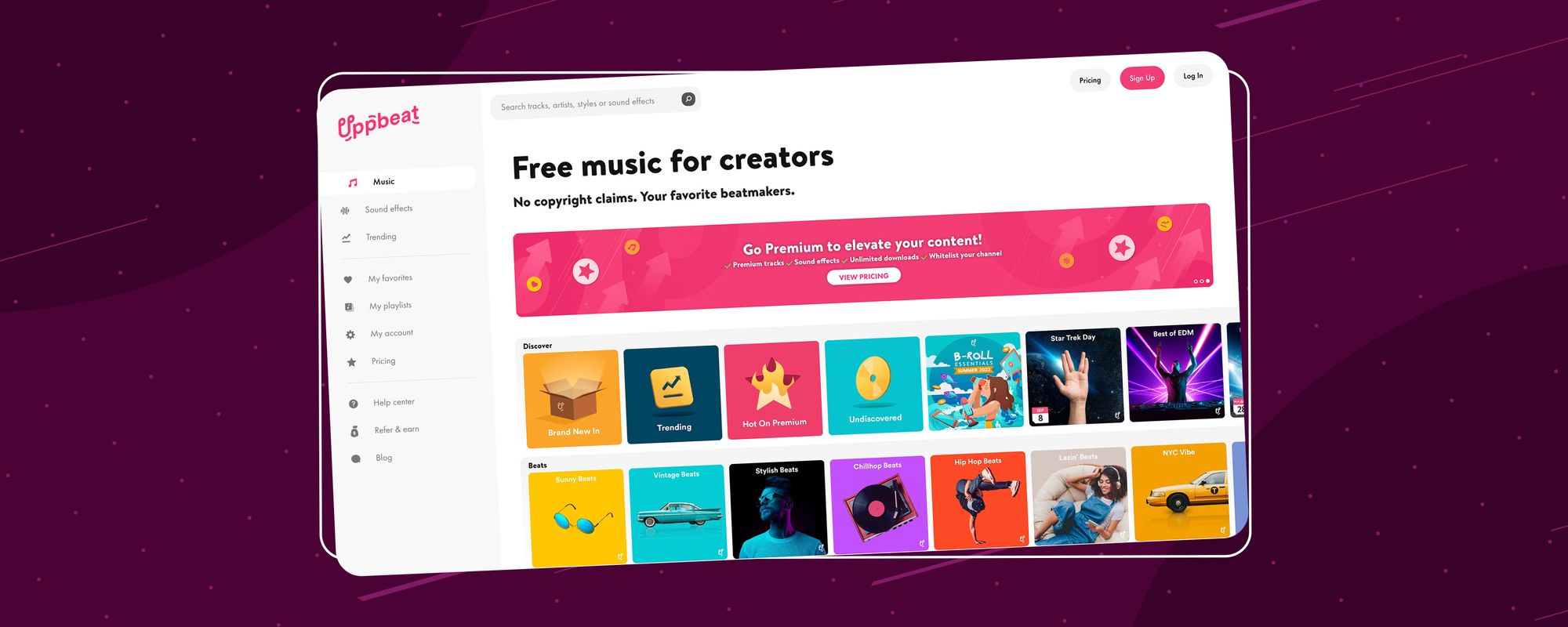 The Uppbeat royalty-free music website homepage