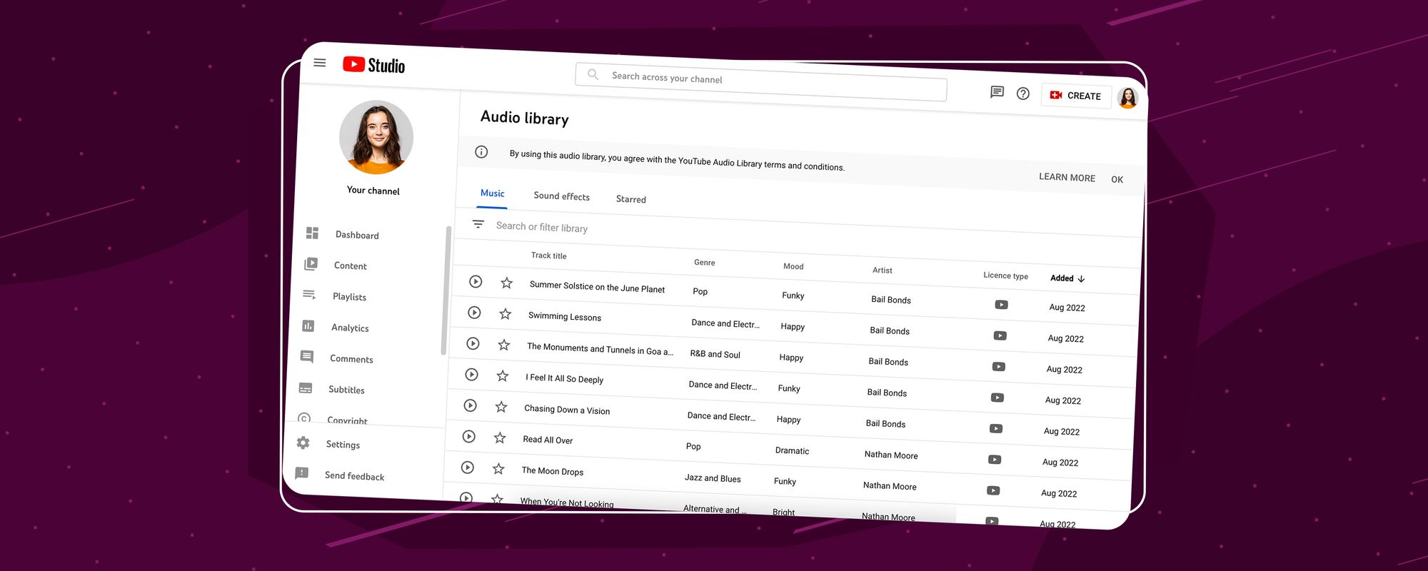 The YouTube Audio Library homepage
