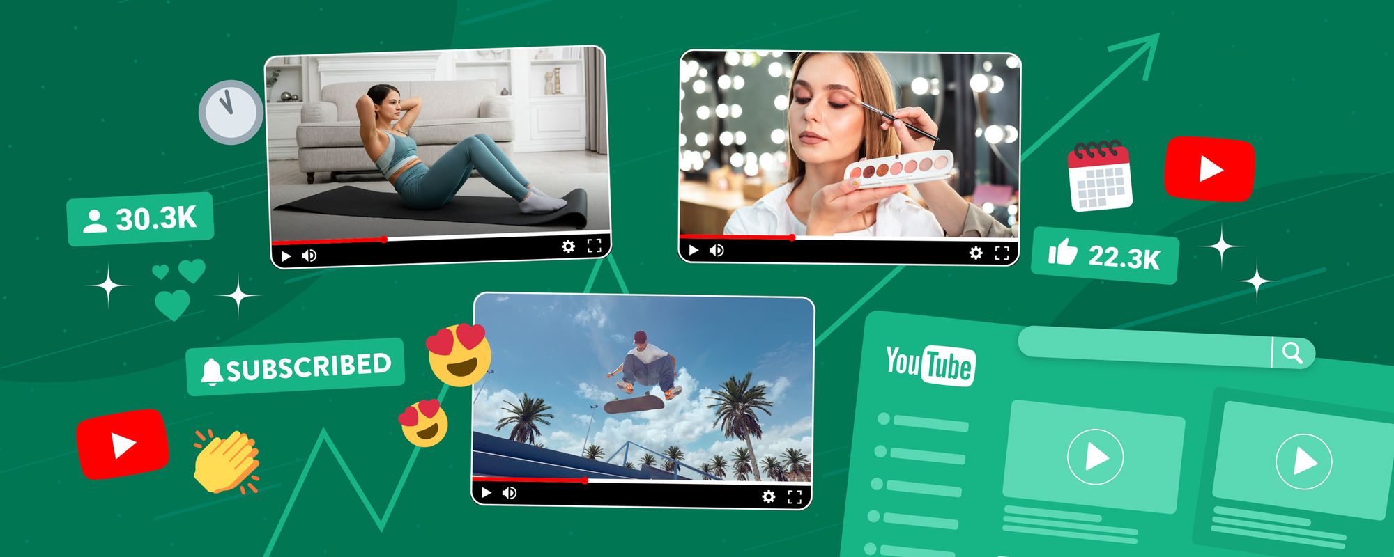 Illustration of different steps for getting more views on YouTube.