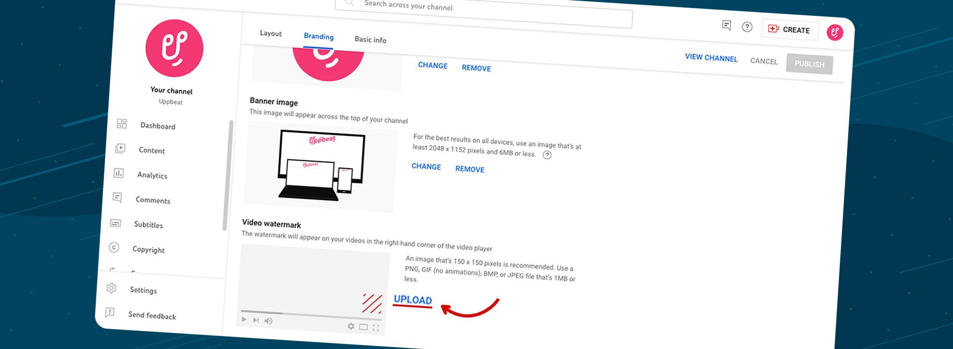 Screenshot of where to upload a YouTube video watermark.
