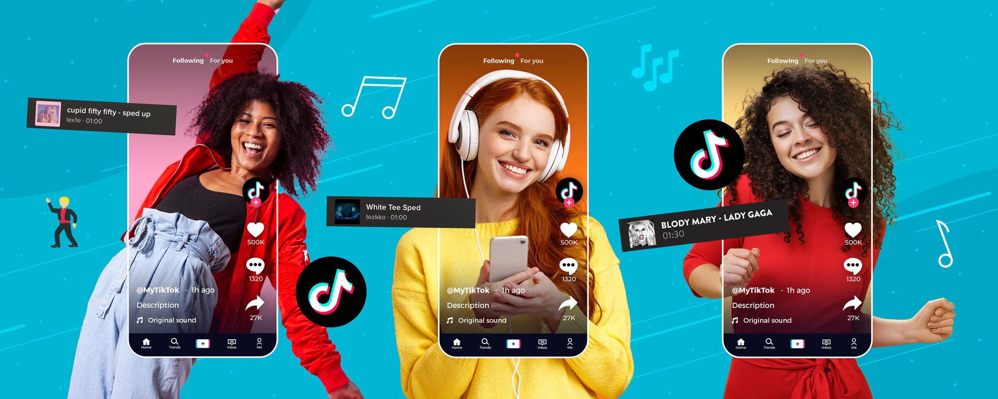 Image of content creators using trending songs and sounds in their TikTok videos.