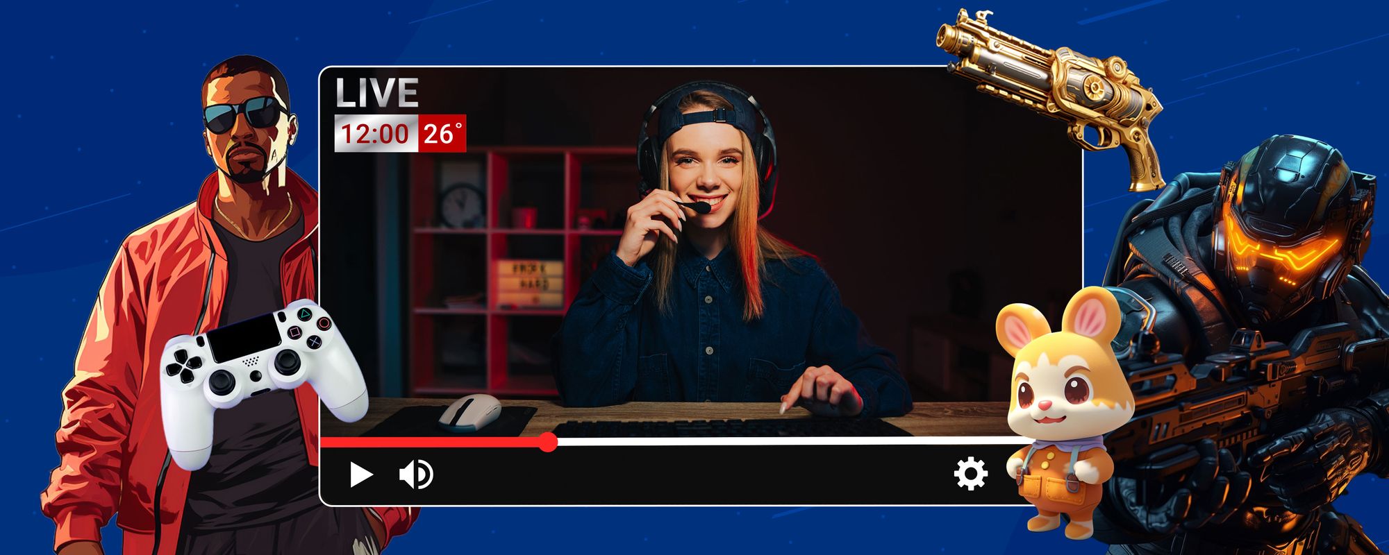 A gamer surrounded by different characters to highlight the range of different game video ideas.
