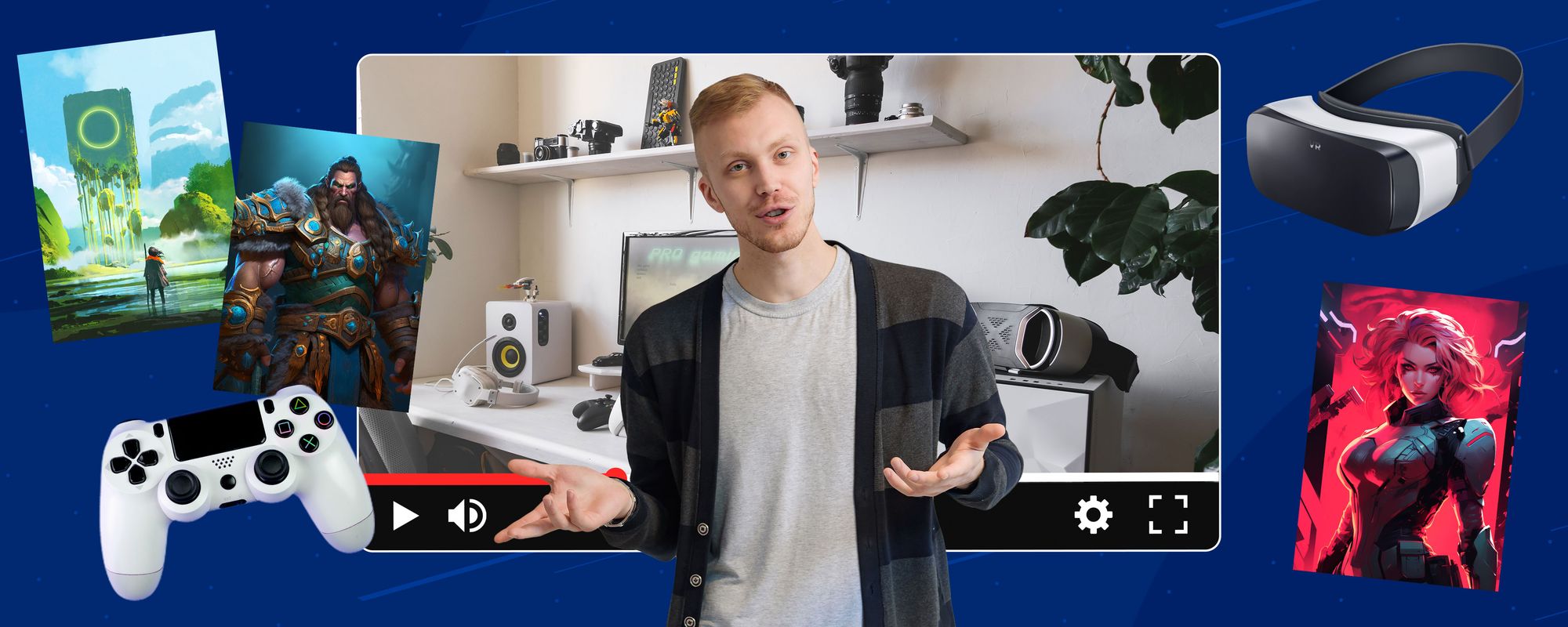 Image of a gamer surrounded by different gaming equipment to show an example of content ideas for gamers.