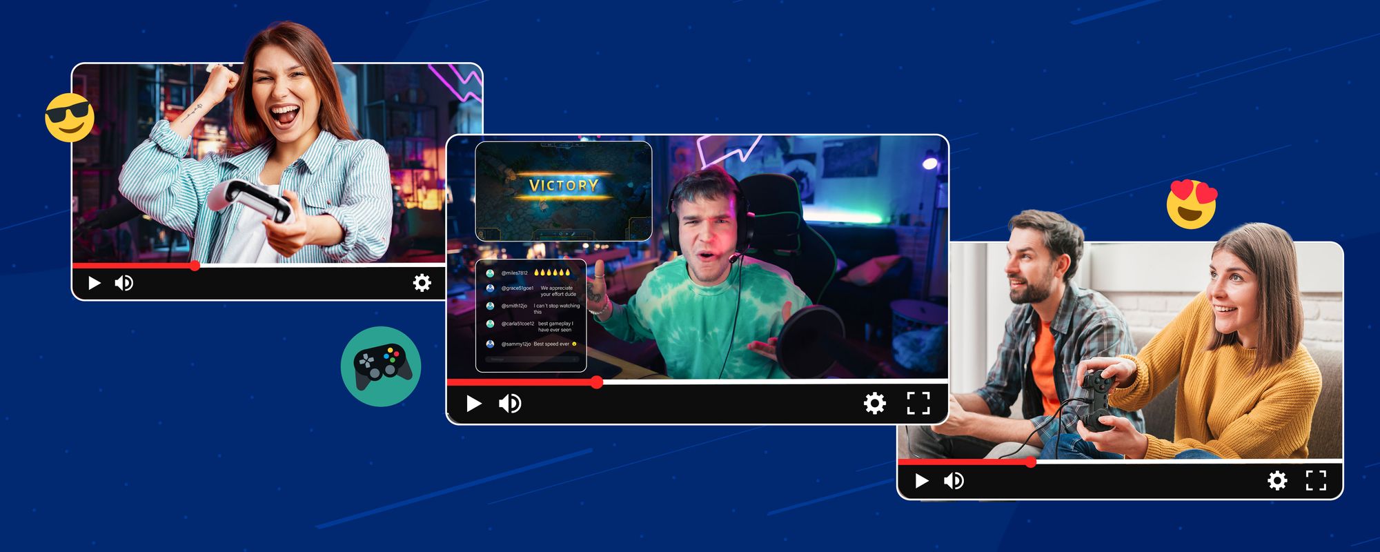 Screenshots of different gamers to show the range of different gaming video ideas.