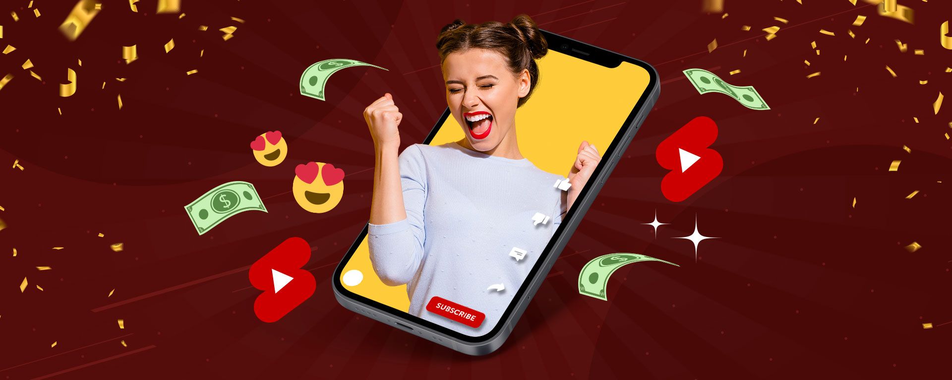 Image of a YouTube Shorts creator celebrating while surrounded by earnings from her YouTube Shorts videos.