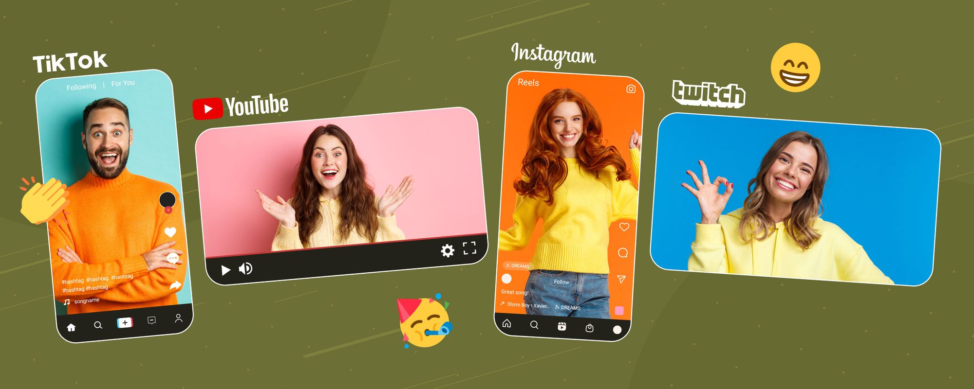 Images of creators across different video platforms that are happy in the knowledge that they're safe from DMCA takedowns.
