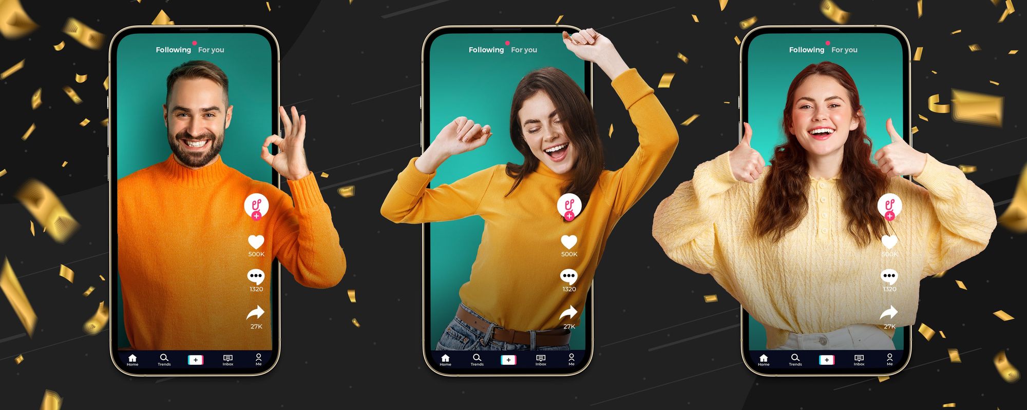 Image of three TikTok creators looking happy that the TikTok algorithm is sharing their content.