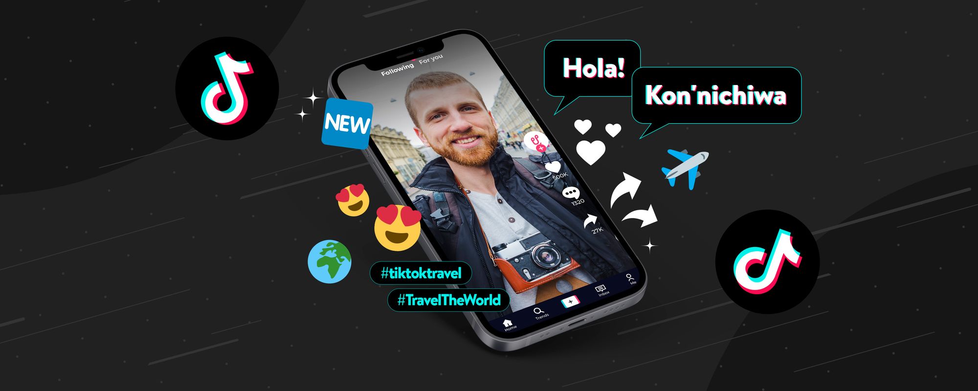 Image of a TikTok creator with imagery relating to how the TikTok algorithm works, including hashtags, shares and likes.