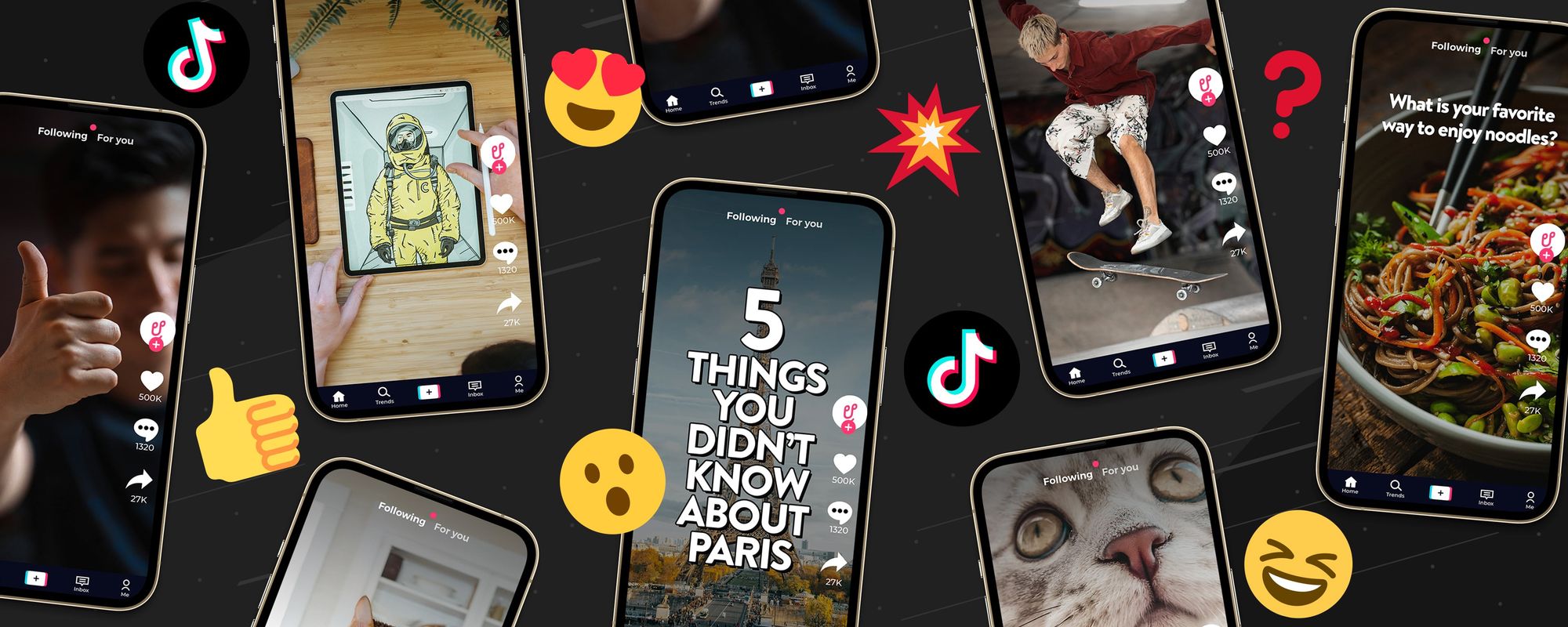 Images of different phones showing the range of TikTok creators covered by the TikTok algorithm.