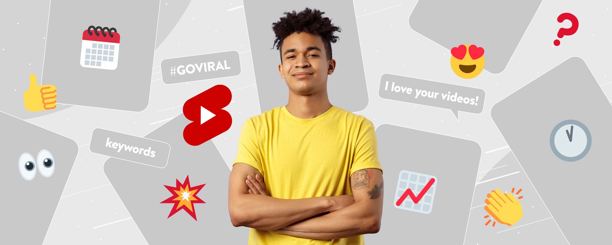 Image of a content creator surrounded by imagery relating to how to get more views on YouTube Shorts.