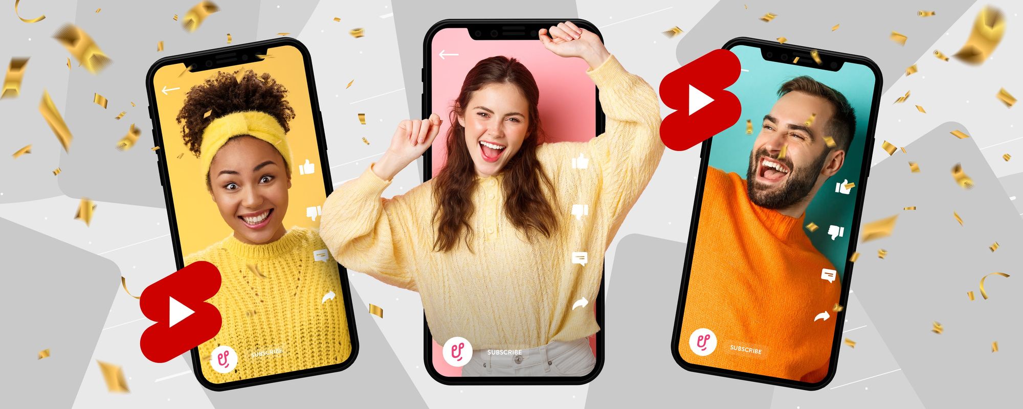 Image of three content creators looking happy because they're getting more YouTube Shorts views.