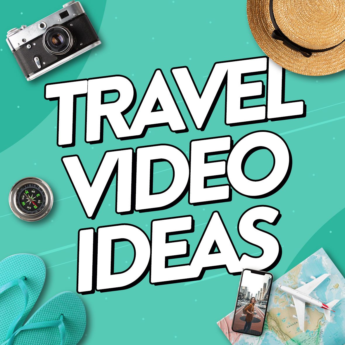 Images relating to travel content with text that reads 'Travel Video Ideas' over the top.