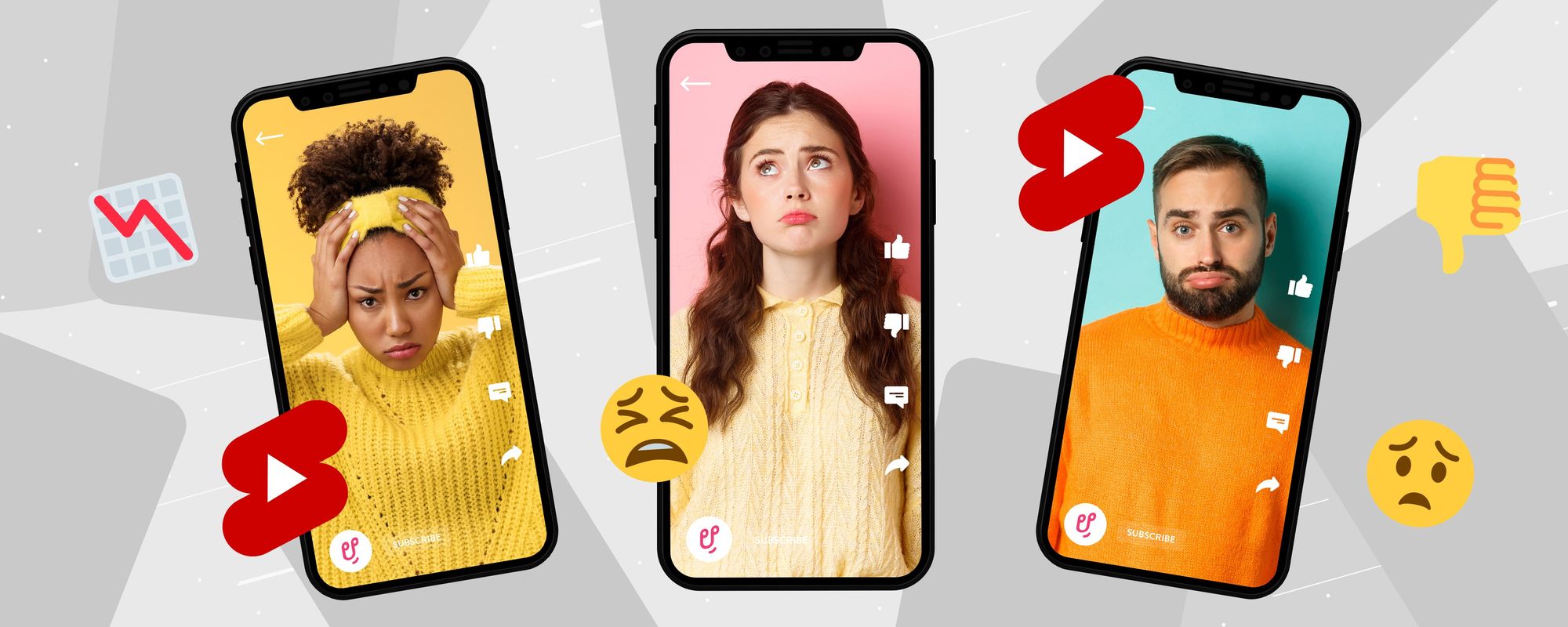 Examples of three content creators looking frustrated that they're not getting more YouTube Shorts views.