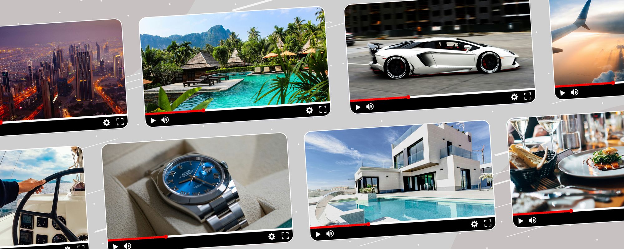 Examples of content that features on the most profitable YouTube niches, including travel, luxury goods and real estate.