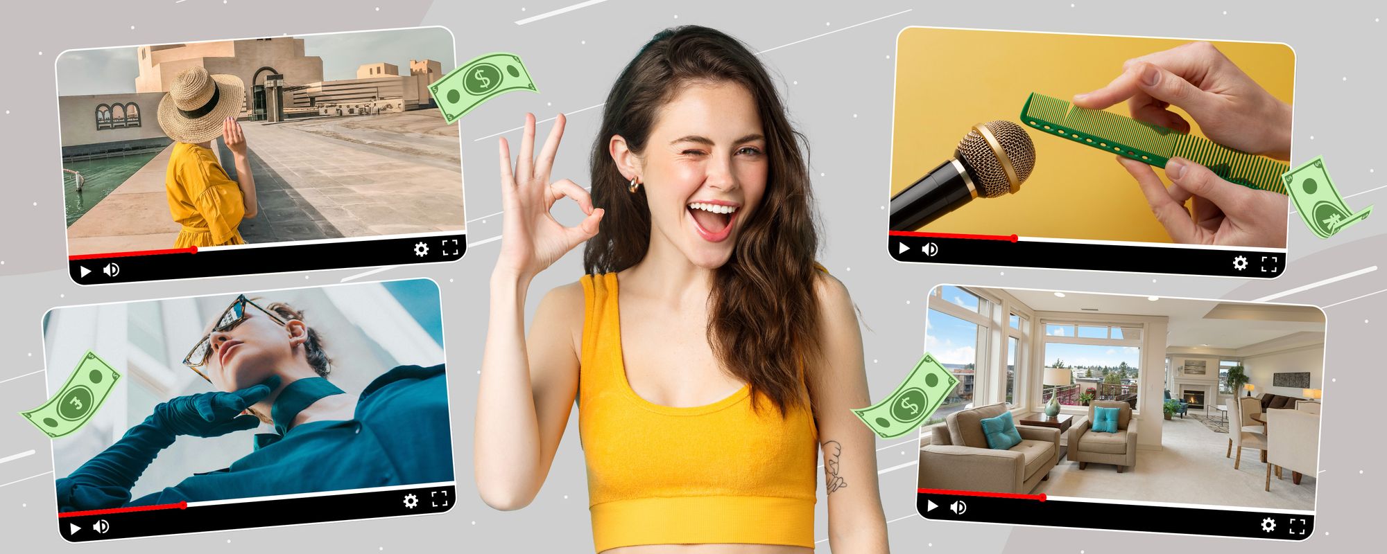Image of a content creator looking happy in front of examples of high CPM YouTube niches.