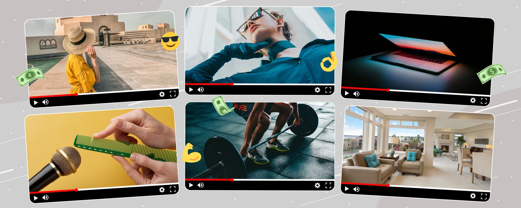 Examples of content that features in the most profitable YouTube niches, including fitness, technology and ASMR.