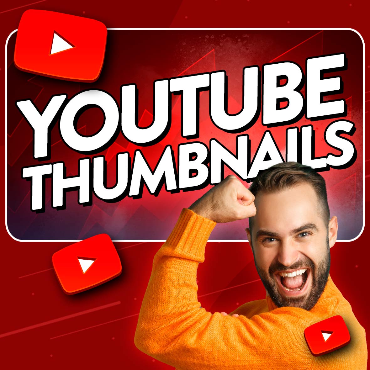 Image of a content creator featuring in a mocked-up YouTube thumbnail, alongside text that says 'YouTube thumbnails'.