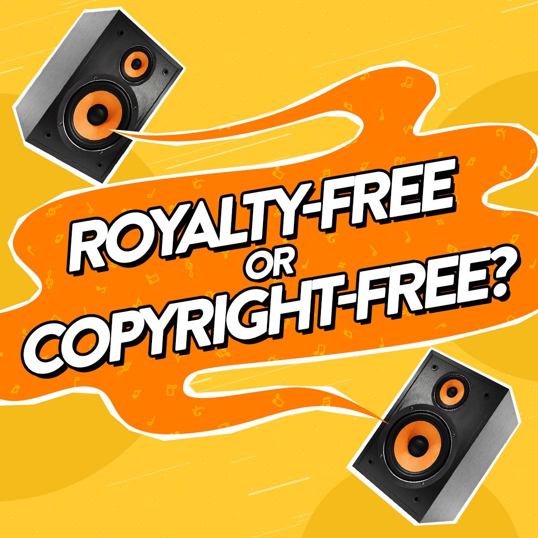 A pair of speakers relating to music with text that reads 'royalty-free or copyright-free?'