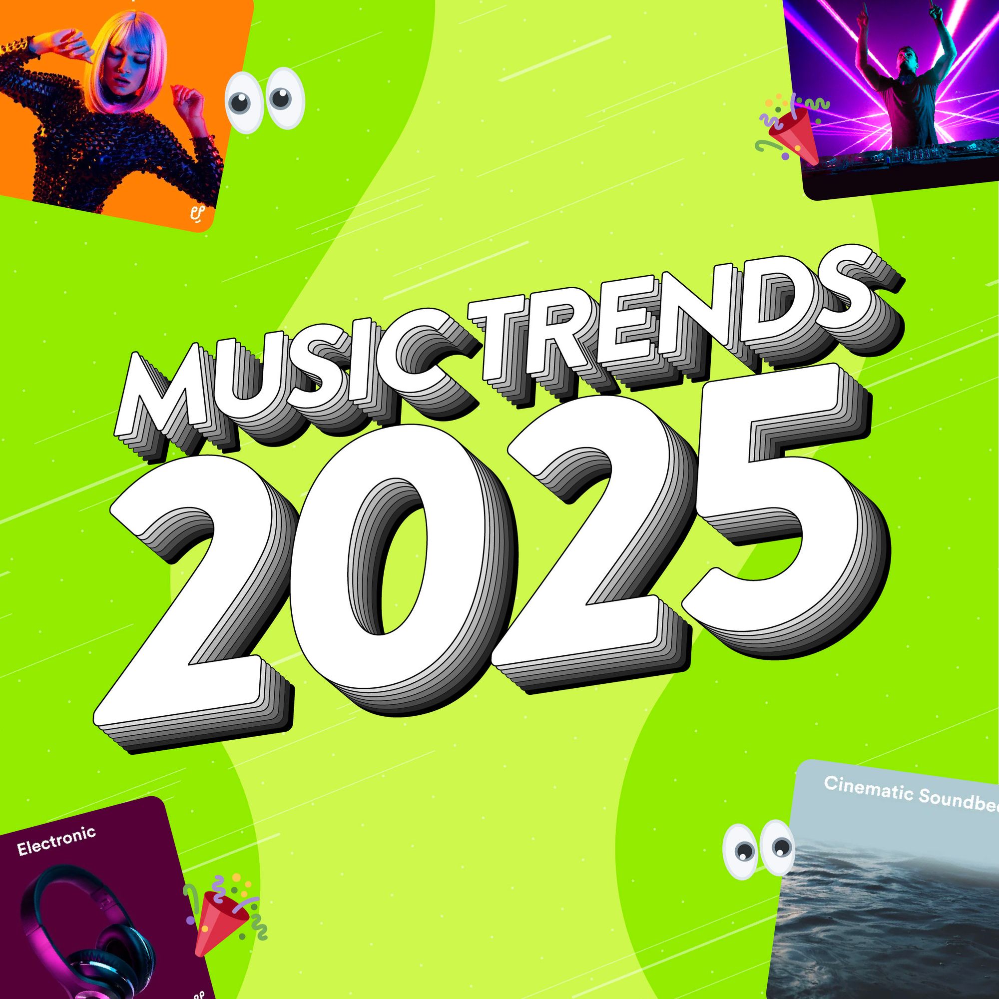 Graphic showing different popular genres with 'Music Trends 2025' in text over the top.