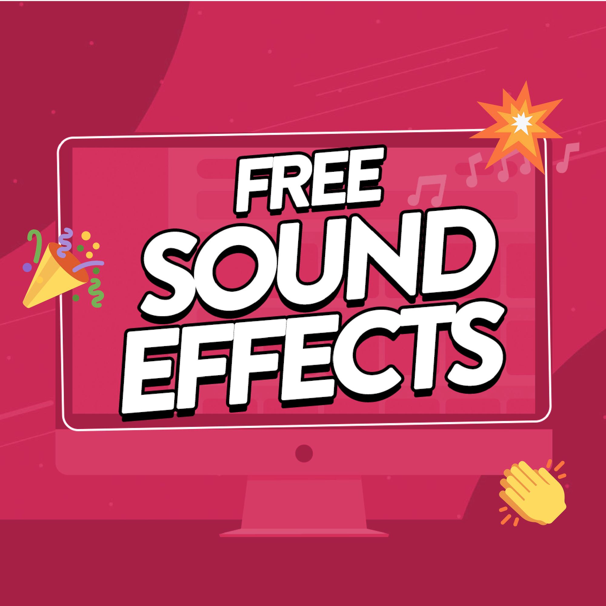 Illustration of a computer screen with sound effect emojis around it and text that says 'Free Sound Effects.'