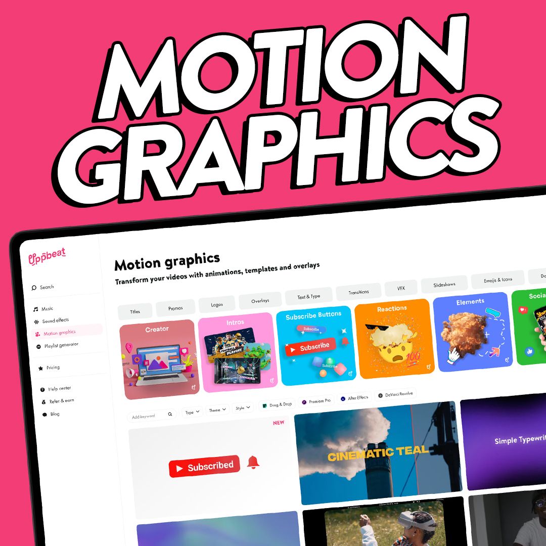 Image showing a screengrab of Uppbeat's Motion Graphics Library with the text 'Motion Graphics' across the top.